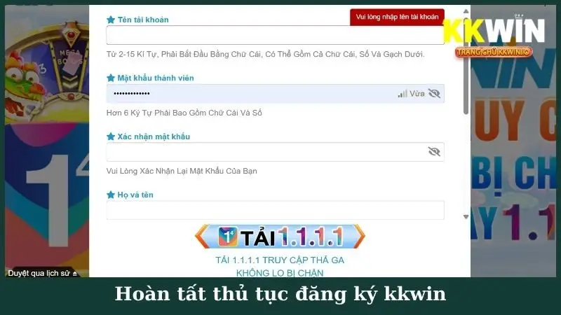 Hoàn tất thủ tục đăng ký kkwin