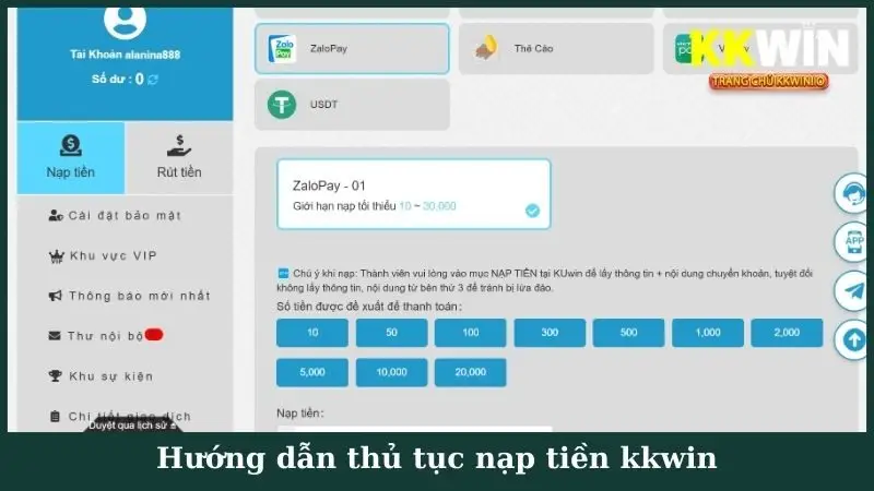 Hướng dẫn thủ tục nạp tiền kkwin